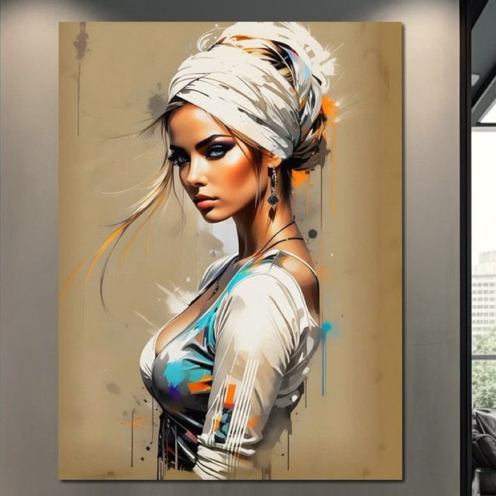 Премиум картина върху платно, LuxCanva® G1011, Кралицата на пустинята, 100 X 135 см, 100% памучно платно 400 г/м2, дървена рамка, свобода, вечна, поглед, пясък, тюрбан, бяло, хол, спалня, ярки цветове