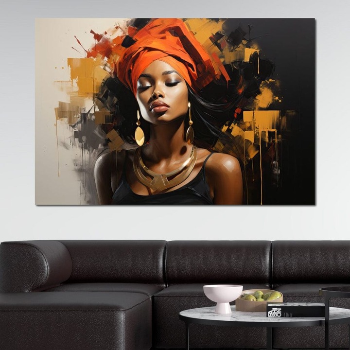 Първокласна картина на платно, LuxCanva® G1007, Изящество на богиня, 60 X 90 CM, 100% памучно платно 400g/m2, дървена рамка, тюрбан, червено, аксесоари, злато, Африка, бижута, жена, всекидневна, спалня, живи цветове