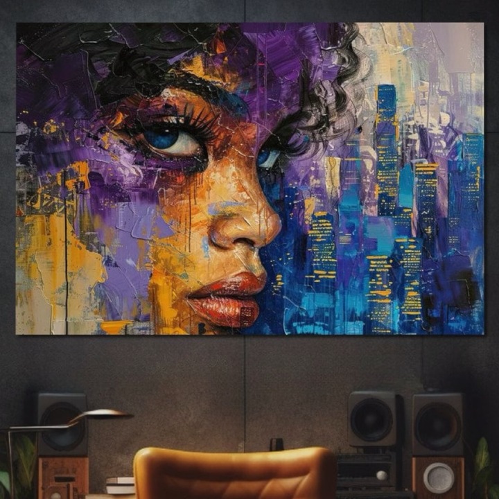 Премиум картина върху платно, LuxCanva® G1010, Жена и светлината на града, 100 X 150 см, 100% памучно платно 400 г/м2, дървена рамка, градски, метрополис, поглед, жена, лилаво, хол, спалня, ярки цветове