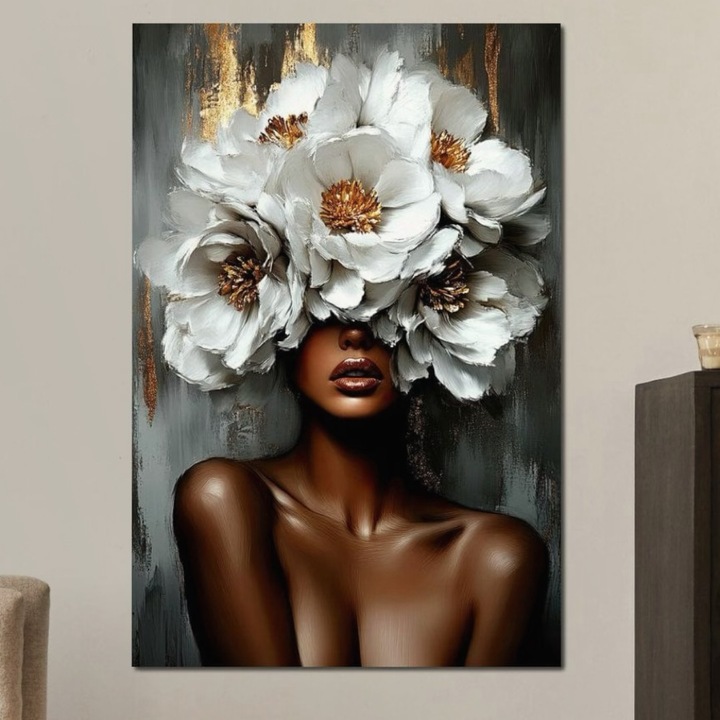 Премиум картина върху платно, LuxCanva® G1003, Кралицата на цветята, 100 X 135 см, 100% памучно платно 400 г/м2, дървена рамка, елегантност, кожа, блясък, текстура, чувственост, портрет, хол, спалня, ярки цветове