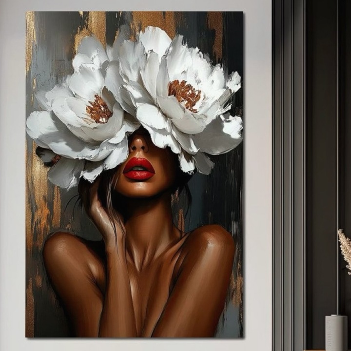 Премиум картина върху платно, LuxCanva® G1004, Под маската на цветята, 100 X 150 см, 100% памучно платно 400 г/м2, дървена рамка, лукс, блясък, изкуство, изисканост, маска, цветя, хол, спалня, ярки цветове