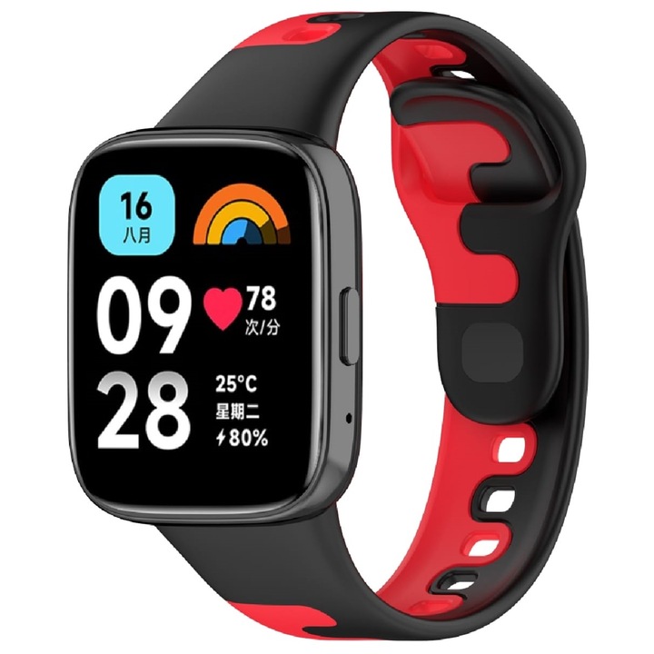 Müller® okosóra szilikon szíj, kétszínű álcázás, kompatibilis a Redmi Watch 3 Active / Redmi 3 Lite készülékkel, fekete piros