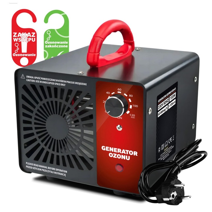 Генератор на озон, Zola, озонов поток 60 000 mg/h, 155W, 230V 50Hz, настройка на работното време 1-120 мин., 2 предупредителни етикета за озониране, черно/червено