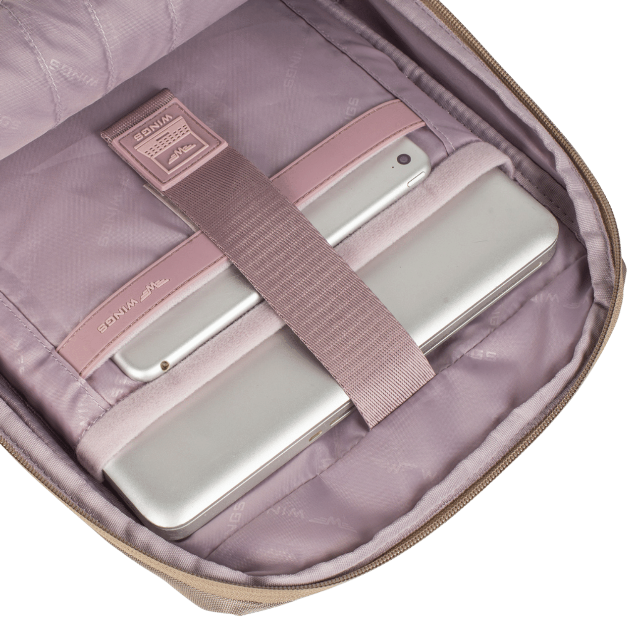 Rucsac WINGS SKYLARK bej, pentru laptop de 14 inch, impermeabil, cu multiple compartimente, dimensiuni conforme cu bagajul de cabina