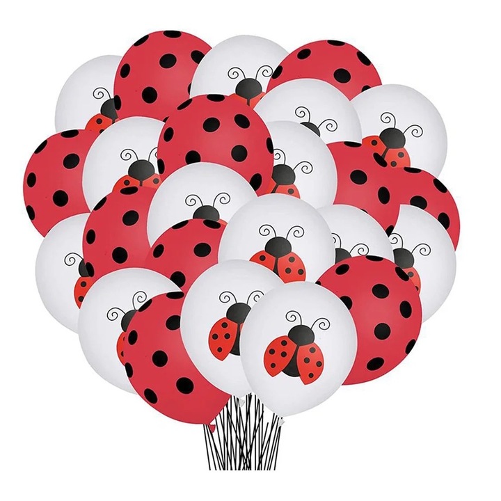 Set 48 Baloane pentru Petrecere cu Tema Buburuza, Latex, 12cm, Alb/Rosu/Negru