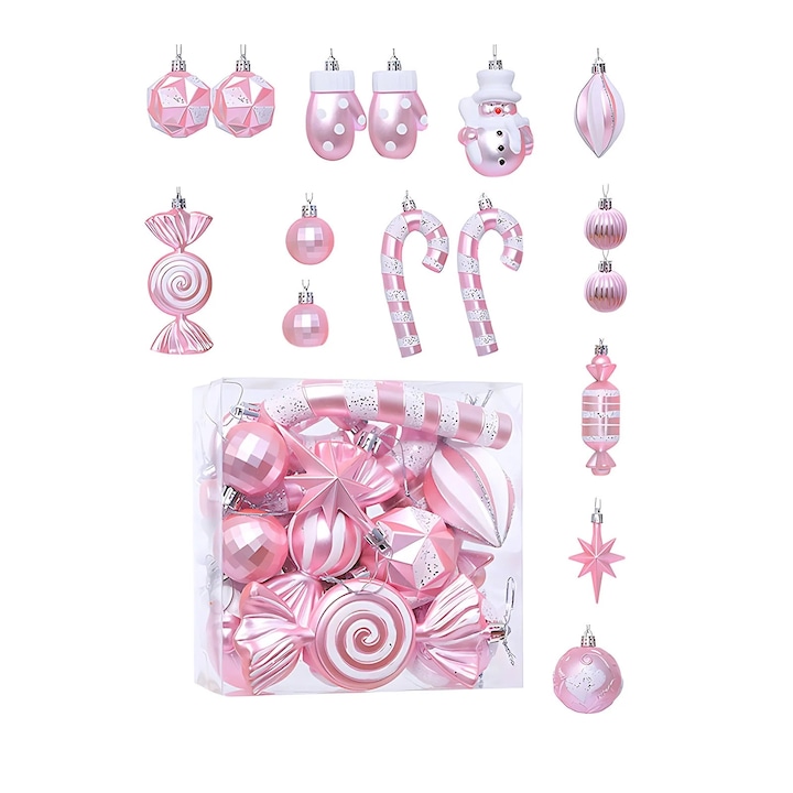 Set 16 Globuri de Craciun Colorate, Ornamentale, Diverse Forme si Dimensiuni, Roz/Alb, 1.2"-3.2"