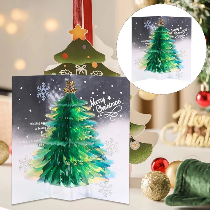 Felicitare de Craciun 3D cu brad de glitter, set, multicolor, 15x20cm