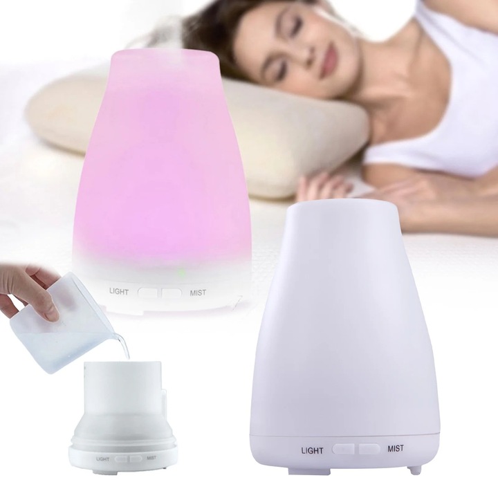 Umidificator aromaterapie cu lemn, 7 culori, moduri intermitent si continuu, set automat de oprire, multicolor