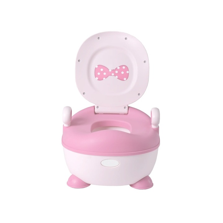 Детско гърне, Comando Kids, с капак, подвижни отделения, мек ръб, неплъзгащо се, с дръжка и крачета, модел лък, светло розово