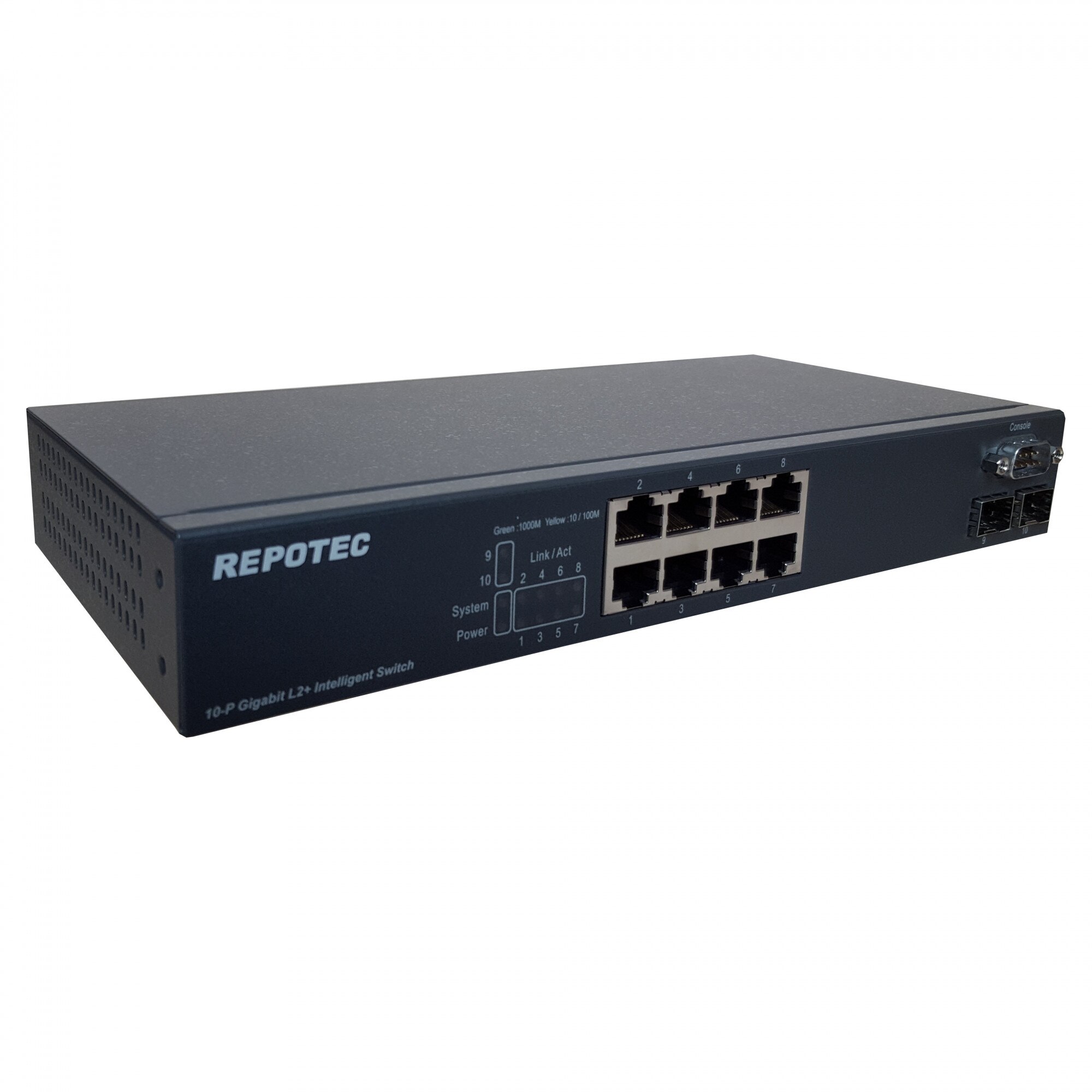 Switch REPOTEC RP-G1002I+/L, 8 porturi Gigabit + 2 porturi SFP(100/1000), Layer 2+, rack kit