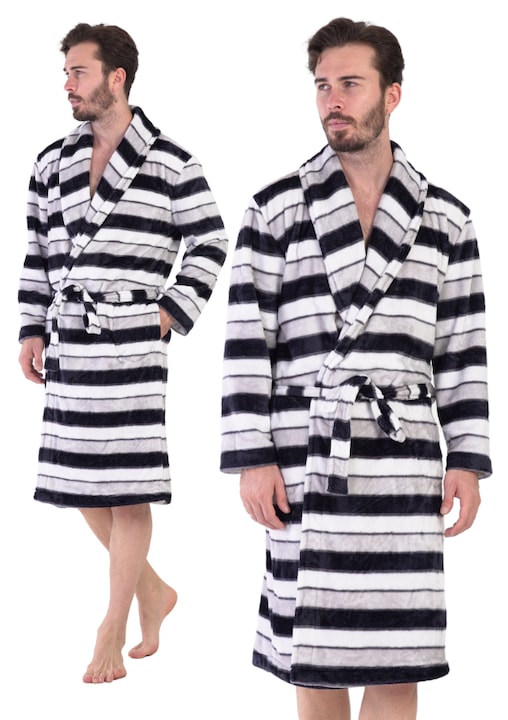 Мъжки дебел плюшен халат, Vienetta, SM395, дълъг ръкав, черен/сив, 2XL