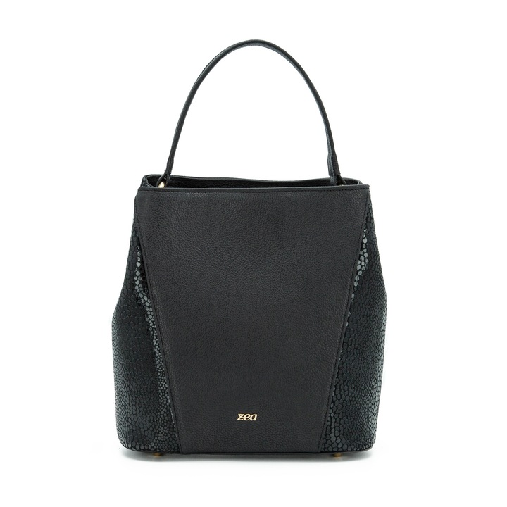 Geanta Dama, Zea, Casual, Negru, Lucrata Manual, Piele Naturala, Decor Punctat Lateral, 1 Maner Fix 25x12x29