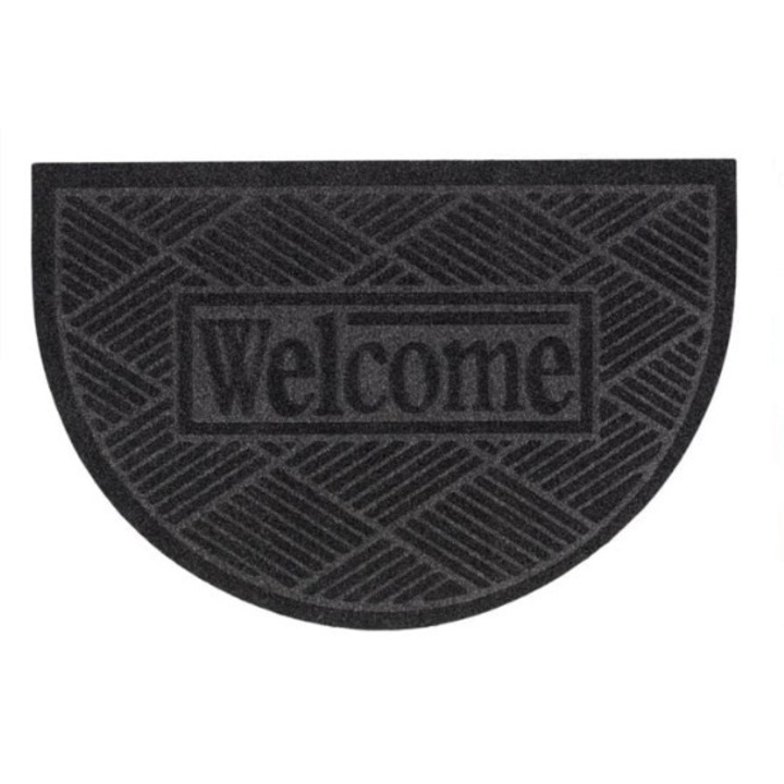 Szürke félkör alakú bejárati szőnyeg Dombornyomott "Üdvözöljük" üzenet 60x40cm