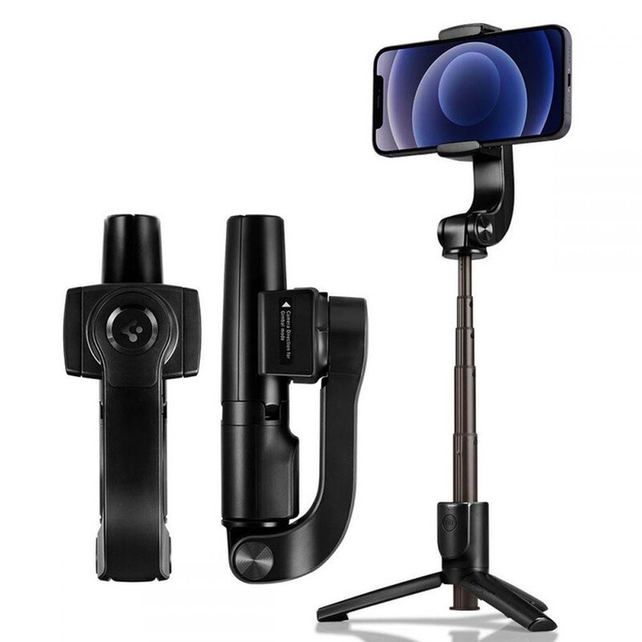 Gimbal за селфи стик, безжично дистанционно управление, статив за снимки на телефона, стабилен запис, капацитет 450 mAh, алуминий, 360° рамки, снимки с няколко светкавици, черен