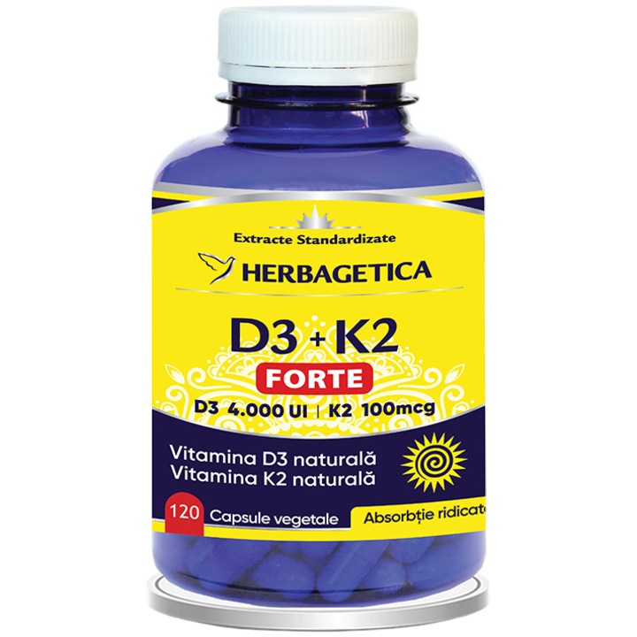 Supliment Alimentar D3+K2 Forte, Herbagetica, 120 capsule