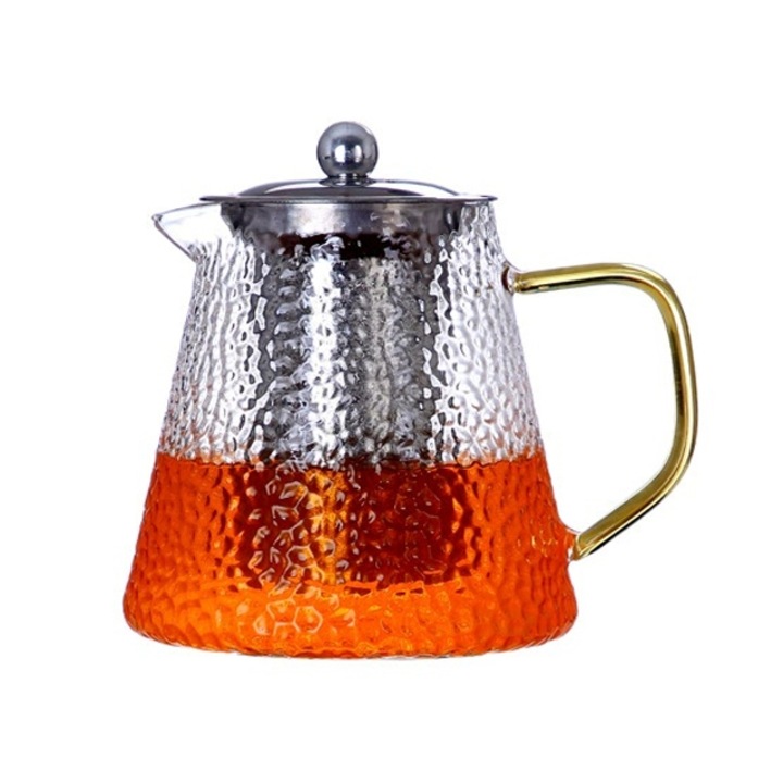 Vízforraló infúzióval, Ergonomikus kialakítás, Cseppmentes, Kivehető rozsdamentes acél forrázó, Könnyen használható és tisztítható, 900 ml, Mikrohullámú sütőhöz és tűzhelyhez, Üveg, Átlátszó