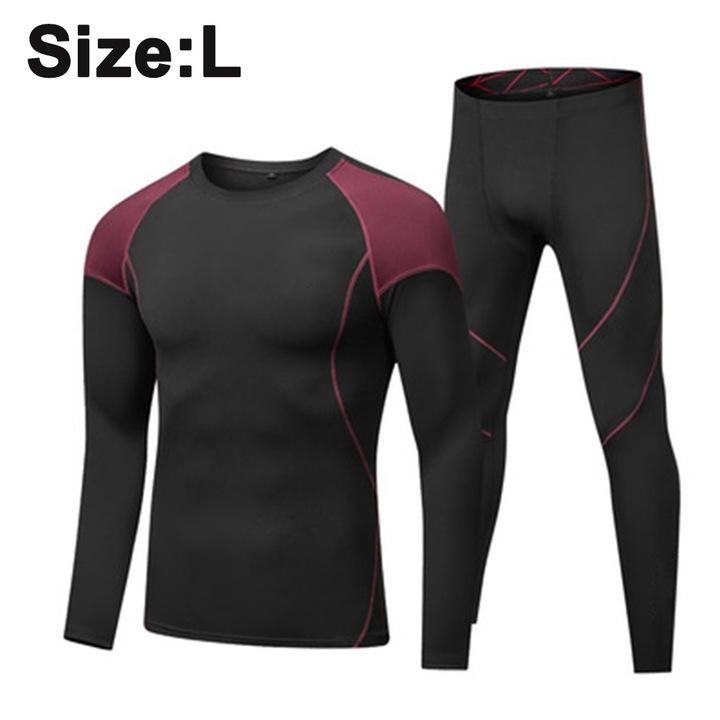 Set lenjerie termica barbati, AMRINUGL, fleece polar si spandex, negru, confortabil, respirabil, L INTL