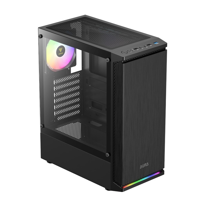 Carcasa Gamdias Aura GC8, Iluminare aRGB, SPCC & ABS & Tempered glass, Mid Tower, 1 ventilator inclus, Negru