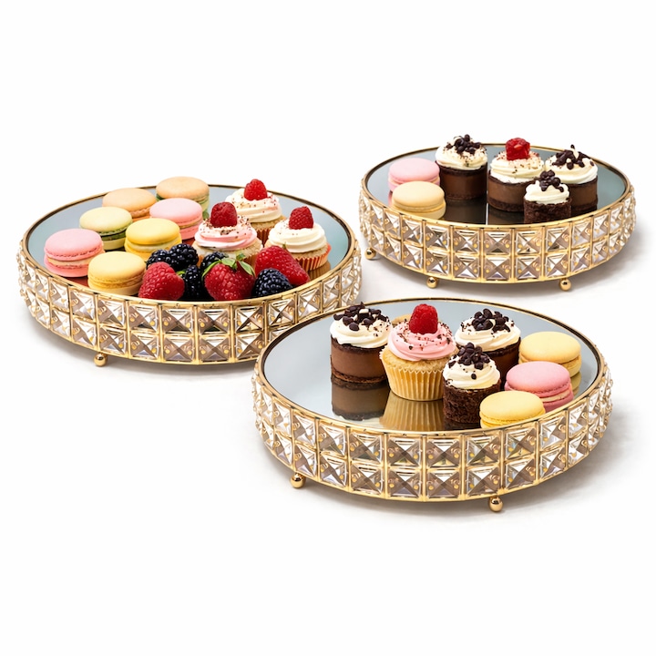Set 3 tavi rotunde, suport candy bar pentru prajituri, torturi, fructe, cu oglinda, pentru servire la evenimente, petreceri, nunta, botez, obiect decoratiune, ornament, diametru 27, 31, 37 cm, Auriu