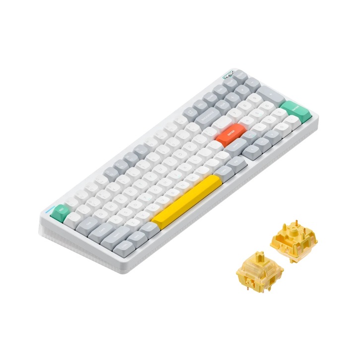 Безжична механична клавиатура Nuphy Halo96 V2, Hot-Swappable, 2.4GHz, Bluetooth 5.1, USB-C, Lemon (55gf), бяла