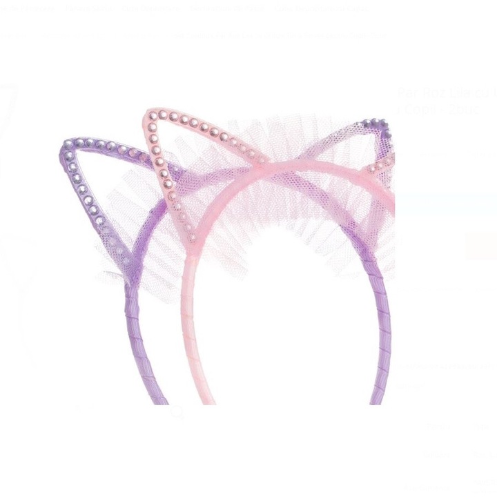 Set CELhome - Coronite de Par Roz si Lila cu Urechi din Tul si Strass pentru Copii – 2 Bucati