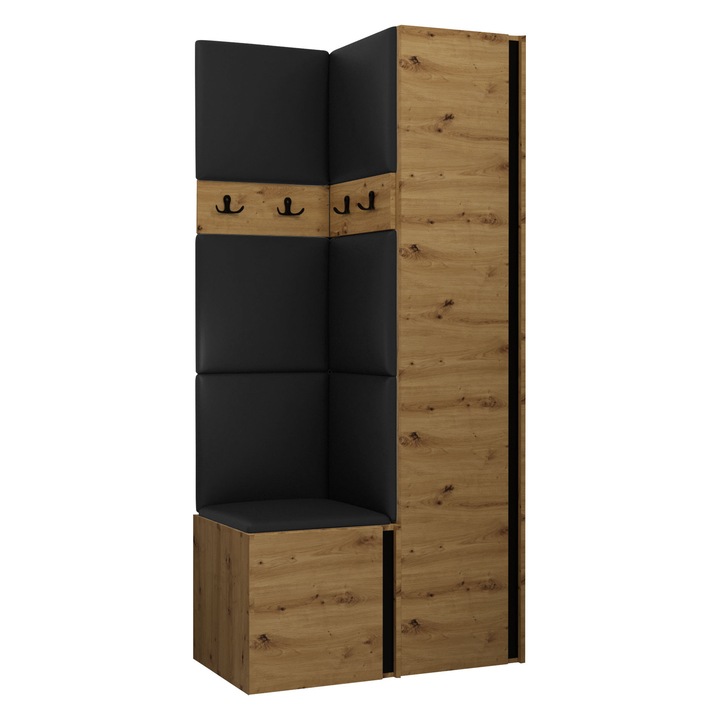 Mobilier pentru hol Tavasz XXIV, MIRJAN24, stejar artisan + piele ecologica negru, 46x186x82 cm