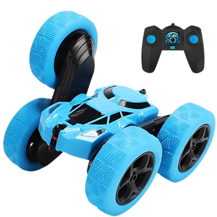 Masinuta telecomandata Promerco®, design pentru copii +3 ani, acrobatii spectaculoase la 360°, roti flexibile, lumini LED vibrante, control precis, ideala pentru cascadorii pe orice suprafata, dimensiune 16x15x7.5 cm, rezistenta la impact, albastru