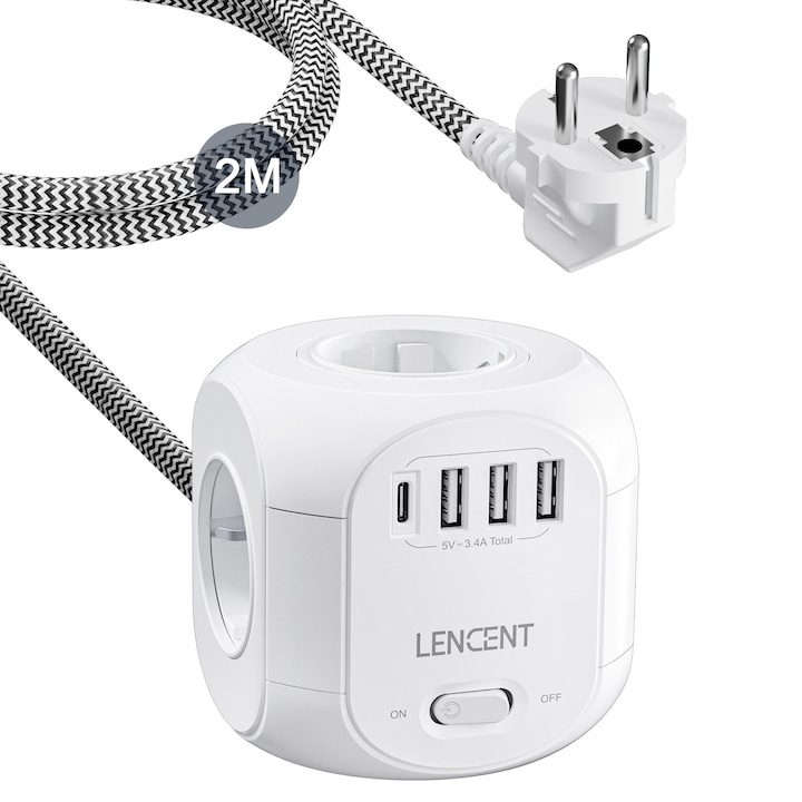 Hosszabbító kábel LENCENT®,4 német szabványú aljzat,3 USB-A,1 USB-C, gyermekbiztos, különálló kapcsoló, túlterhelés elleni védelem, fali több aljzat Extender,2500W asztali USB-s konnektor,2m