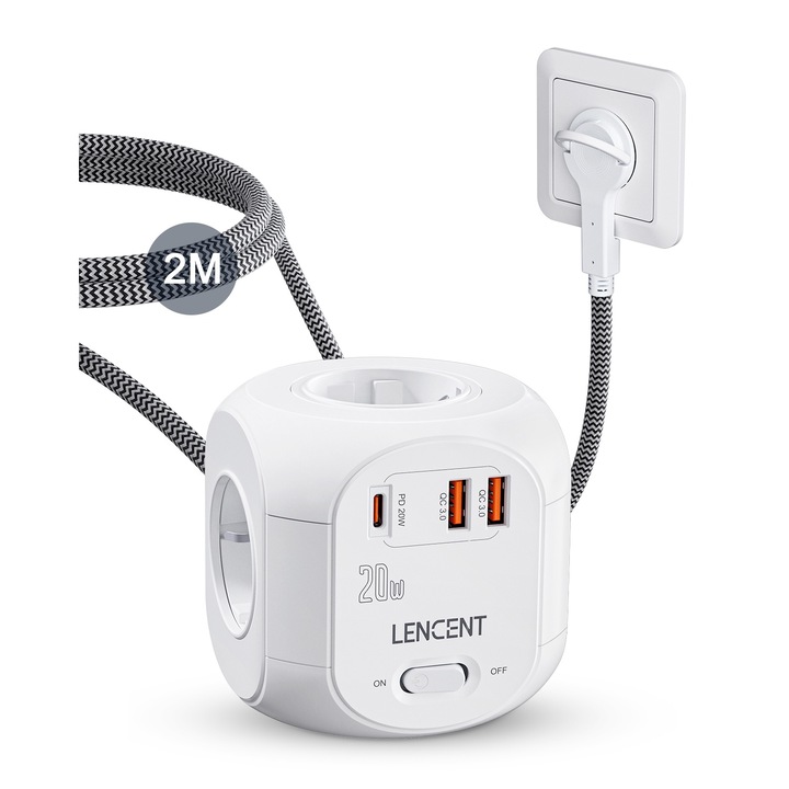 LENCENT® Többaljzatos Hosszabbító Kábel, 7 az 1-ben Kocka Elosztó, 2 USB Port, 1 Type-C PD 20W, 2 Méteres Fonott Kábel, Fali Aljzatokhoz, BE/KI Gomb, 2500W, Fehér (1 DB)