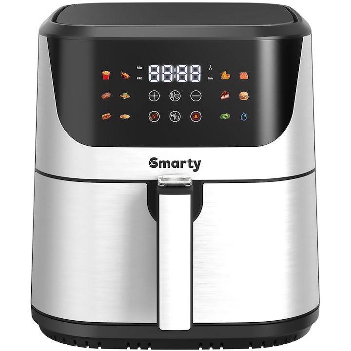 Friteuza fara ulei Smarty Airfryer Bio-Fry Deluxe Edition, capacitate mare 9L, 1800W, control/afisaj digital, 12 retete presetate (cartofi, carne, peste, functie de mentinere la cald si multe altele), curatare usoara, temperatura ajustabila, Negru