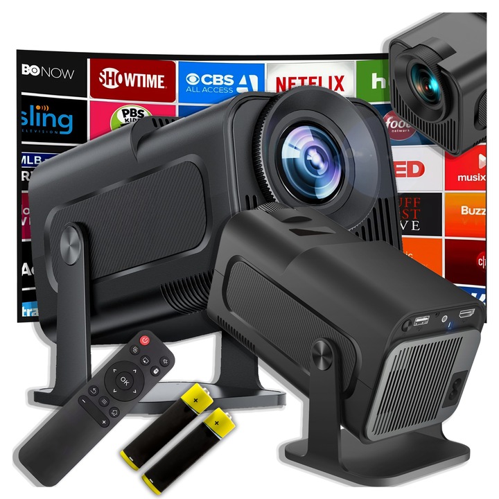 Преносим интелигентен LED видео проектор GALAXIA® с Android 12, Wi-Fi 6, BT 5.2, HD 1920x1060p резолюция, HDMI, USB и Mirroring, IOS/Android, черен