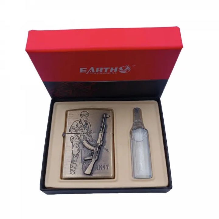 Set Bricheta Metalica, Model AK47, Interior Detasabil si Sticluta Benzina, 6 cm, Auriu, Dalimag