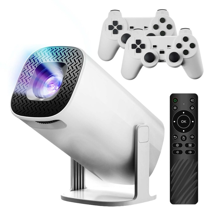 Hordozható 4K LED videoprojektor, Zola, Smart, Android TV, Bluetooth, WiFi, távirányító, 2 x játék joystick, 1500:1, szögbeállítás, 1280x720p, fehér