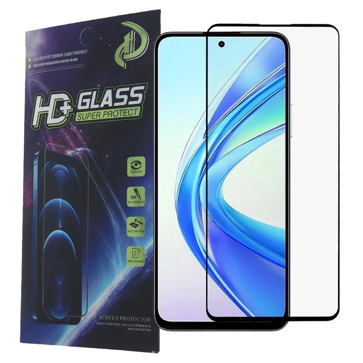 Honor X7b / X7c / Honor 90 Smart 5G / 200 Smart 5G kompatibilis üvegfólia, előlapi, 9D, edzett, hajlított, fekete kerettel