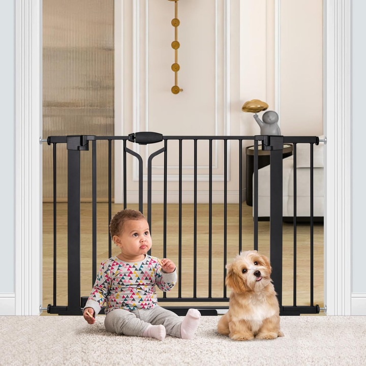 Две врати, All-In-One BabyBlock 08 Safety Gate 95+7 см удължение, многократна употреба за дете/домашен любимец, двойна заключваща система, автоматично затваряне, монтаж без дупки/монтаж под налягане, двупосочно отваряне, универсално прилягане, черен