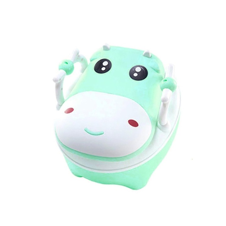 Детско гърне, Comando Kids, с капак, нетоксично, подвижни отделения, мек ръб, неплъзгащо се, с дръжка, крачета и четка, модел крава, светло зелено