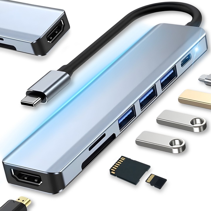 RETOO Connect 7 az 1-ben USB-C Hub, HDMI 4K, 3x USB 3.0, SD/microSD kártyaolvasó, PD 100W, Plug & Play, alumínium ház, LED dióda, kompatibilis Windows, macOS, Android rendszerekkel, Samsung DeX támogatás, gyors adatátvitel, kompakt kialakítás, ezüst
