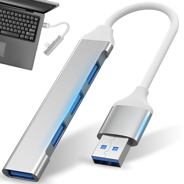 RETOO Connect USB 3.0 Hub, 4 порта, бърз трансфер 5Gbps, Plug & Play, алуминиев корпус, компактен дизайн, съвместим с компютър, лаптоп, SSD, HDD, мишка, клавиатура, принтер, камера, без допълнително захранване, идеален за офис и пътуване, сребрист