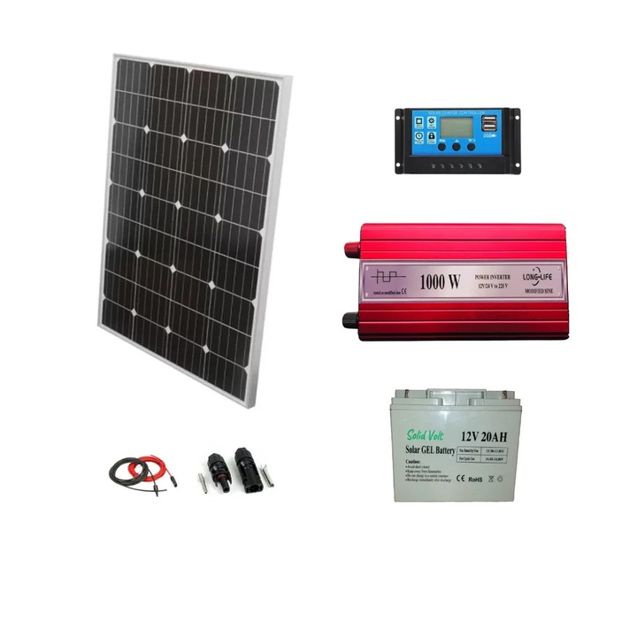Kit solar pescuit sistem fotovoltaic OFF-GRID, 1 x panou solar 100W, controller, acumulator gel 20 Ah, invertor 1000W, vanatoare, camping, drumetie, outdoor, natura