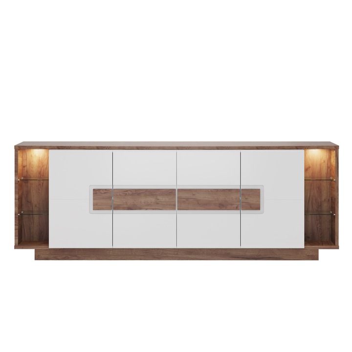 Comoda cu 4 usi, 2 nise, LED, alb lucios/stejar salbatic Dune