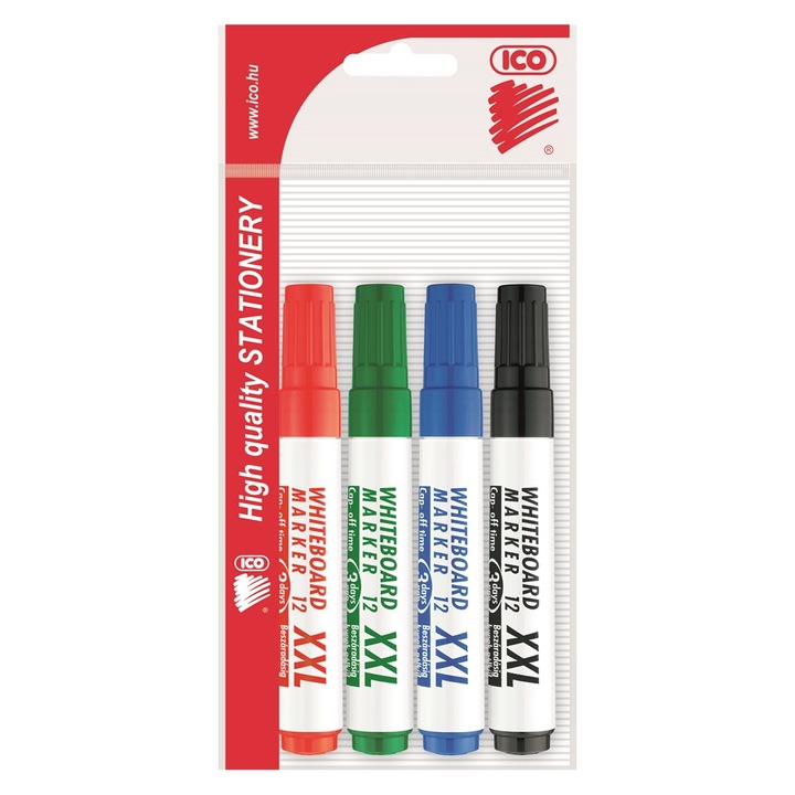 Set 4 markere pentru tabla alba si flipchart, 1-4 mm, taiate, ICO "Plan 12 XXL", Multicolor
