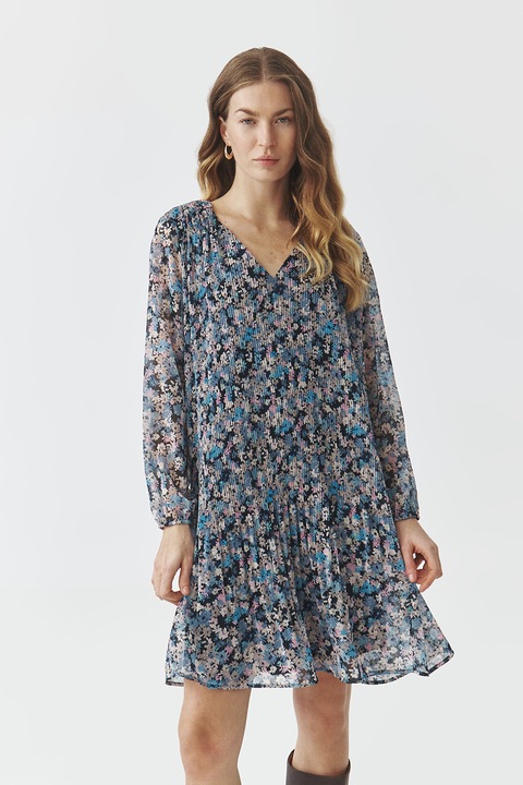Tatuum, Rochie cu decolteu in V si model floral, Roz/Bleumarin