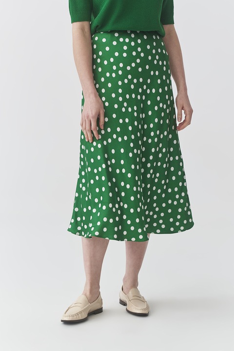 Tatuum, Fusta midi cu aspect de satin si model, Alb/Verde