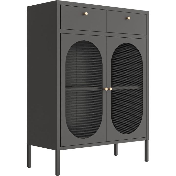 Dulap de depozitare lateral metalic cu rafturi detasabile, 2 usi de sticla, 2 sertare, NEGRU, 110 x 80 x 35 cm