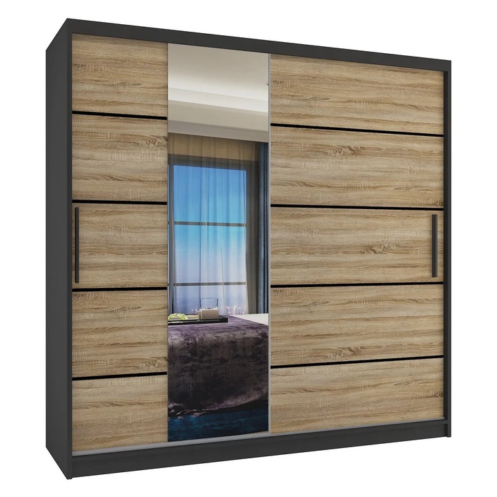 Verona MBP eltolható szekrény tükörrel Fiókok 200 cm Fekete Sonoma Tölgy