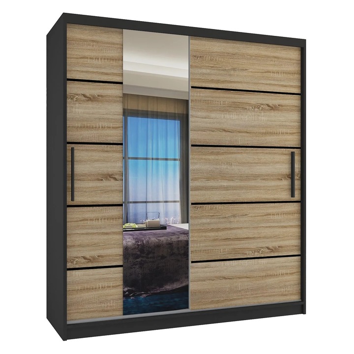 Verona MBP eltolható szekrény tükrös Fiókok 133 cm Fekete Sonoma Tölgy
