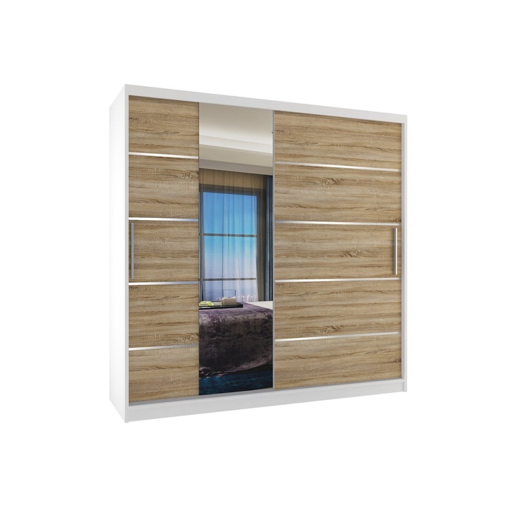 Verona MBP tolós gardrób tükrös Fiókok 200 cm Sonoma fehértölgy