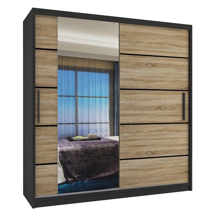 Verona MBP eltolható szekrény tükrös Fiókok 158 cm Fekete Sonoma Tölgy