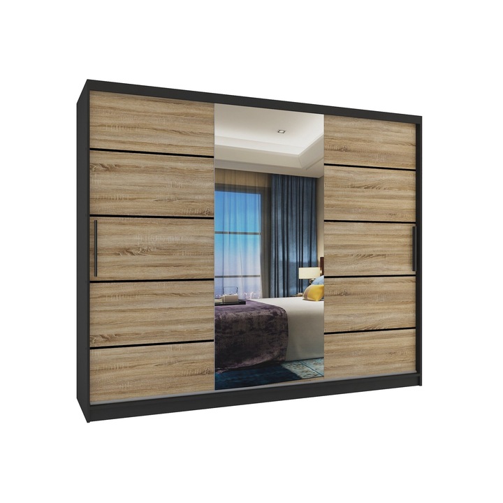 Verona MBP eltolható szekrény tükörrel Fiókok 232 cm Fekete Sonoma Tölgy