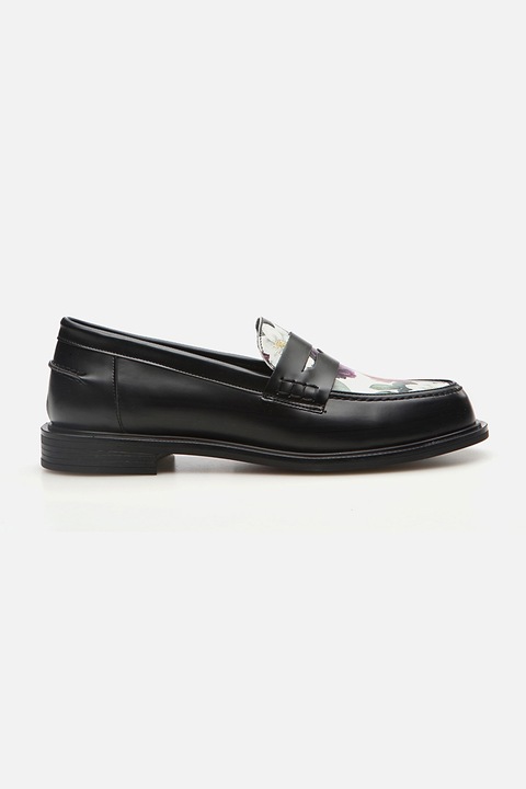 Hotic, Pantofi loafer din piele cu imprimeu flroal, Negru/Roz prafuit